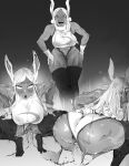  absurdres animal_ears ass boku_no_hero_academia clothing_aside dark-skinned_female dark_skin gloves greyscale highres leotard leotard_aside looking_down mirko monochrome motion_lines muscular muscular_female penis rabbit_girl speed_lines squatting sweat thighhighs thighs vaginal white_hair 
