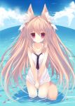  1girl animal_ear_fluff animal_ears bangs blue_sky blush breasts brown_hair cleavage closed_mouth clothes_pull cloud commentary_request covering covering_crotch day hair_between_eyes highres horizon light_smile long_hair looking_at_viewer medium_breasts ocean original outdoors p19 red_eyes sailor_collar shirt shirt_pull sky sleeveless sleeveless_shirt solo tail very_long_hair white_sailor_collar white_shirt 