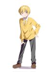 1boy blonde_hair brown_shoes commentary full_body grey_pants hair_between_eyes hand_on_own_leg highres kai_(shell) long_sleeves looking_at_viewer male_focus necktie pants root_(stpri) shirt shoes short_hair simple_background solo strawberry_prince symbol-only_commentary white_background yellow_necktie yellow_shirt 
