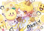  1boy akkiy_(amptakxcolors) amptakxcolors blonde_hair blush_stickers bow braid character_name crown highres jacket long_sleeves looking_at_viewer mini_crown one_eye_closed open_clothes open_jacket open_mouth pitupituta short_hair side_braid smile solo star_(symbol) upper_body white_jacket yellow_bow yellow_eyes 