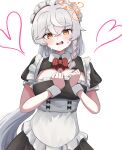  1girl alternate_costume apron black_dress blue_archive blush bow braid breasts cleavage cleavage_cutout clothing_cutout dress earrings eri_(blue_archive) frilled_apron frills grey_hair hair_between_eyes halo highres jewelry large_breasts long_hair looking_at_viewer maid maid_apron maid_headdress open_mouth orange_halo puffy_short_sleeves puffy_sleeves red_bow sabnak66 short_sleeves side_braid simple_background solo sweat very_long_hair waist_apron white_apron white_background wrist_cuffs 