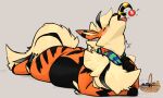 2025 arcanine arlean_(raster_dreams) basket belly big_belly big_butt blue_scarf blush blush_lines butt chest_tuft container digital_drawing_(artwork) digital_media_(artwork) duo extreme_size_difference eyes_closed feral fruit_basket generation_1_pokemon generation_2_pokemon grey_background head_tilted_back hi_res lumens_(raster_dreams) lying male mareep markings nintendo on_front orange_body pokemon pokemon_(species) raster_dreams scarf simple_background size_difference striped_markings striped_tail stripes tail tail_markings thick_tail thick_thighs tongue tongue_out tuft vore