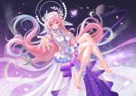  1girl absurdres aqua_hair barefoot breasts bug butterfly commentary_request cyrene_(honkai:_star_rail) cyrene_(ripples_of_past_reverie)_(honkai:_star_rail) dress falling_petals feet halo highres honkai:_star_rail honkai_(series) large_breasts looking_at_viewer multicolored_hair petals pink_hair planet planetary_ring pointy_ears purple_eyes reaching reaching_towards_viewer sky solo star_(sky) starry_sky thighs toes white_dress white_hair zekong_pioneer 