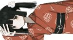  1girl arm_up black_hair blunt_bangs blunt_ends blush closed_mouth floral_print floral_print_kimono grey_eyes hair_ornament japanese_clothes kimono long_sleeves m_emu_xo medium_hair obi obijime original print_kimono rabbit_hair_ornament red_kimono sash sideways simple_background sleeves_past_wrists solo twintails twitter_username upper_body watermark white_background wide_sleeves yukata 