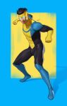  1boy abs absurdres armored_boots black_bodysuit black_hair blue_bodysuit blue_boots blue_border bodysuit boots border clenched_hands collarbone commission dalejomej elbow_gloves facing_viewer fighting_stance fingerless_gloves gloves goggles grin hair_slicked_back highres invincible_(character) invincible_(series) looking_at_viewer male_focus mark_grayson multicolored_bodysuit outside_border short_hair signature smile solo spandex superhero_costume toned toned_male yellow_background yellow_bodysuit yellow_gloves 
