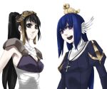  2girls :d animal_on_head armor assassin_(ragnarok_online) baby_animal bandages bandages_over_clothes bird bird_on_head black_eyes black_hair blue_dress blue_hair breasts chick cleavage closed_mouth commentary_request cross cross_necklace dress feathered_wings goggles goggles_on_head head_wings high_ponytail jewelry juliet_sleeves leotard long_hair long_sleeves looking_at_viewer medium_breasts multiple_girls necklace on_head open_mouth pauldrons ponytail priest_(ragnarok_online) puffy_sleeves purple_eyes purple_leotard ragnarok_online shoulder_armor simple_background smile toriria upper_body white_background white_wings wings 