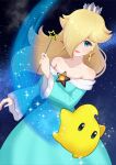  1girl :d absurdres bare_shoulders blonde_hair blue_dress blue_eyes brooch collarbone crown dress earrings eyelashes hair_over_one_eye highres holding holding_wand jewelry long_hair long_sleeves looking_at_viewer luma_(mario) mario_(series) off-shoulder_dress off_shoulder open_mouth rosalina smile space star_(symbol) star_brooch star_earrings super_mario_galaxy wand wing223s 