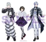  3boys bespectacled black_boots black_bow black_bowtie black_coat black_hair black_nails black_ribbon black_shirt black_skirt blue_hair boots bow bowtie brooch brown_shoes buttons camisole center-flap_bangs center_frills choker coat colored_shoe_soles copyright_notice cross-laced_clothes cross-laced_top cuff_links curtained_hair dress_shirt earrings frilled_coat frilled_pants frilled_shirt_collar frilled_sleeves frills full_body genzuki_toujirou glasses grey_hair grey_pantyhose hair_between_eyes hair_ribbon half-closed_eyes half_updo hand_to_own_mouth heart_button high-waist_pants high_heels holding holding_ribbon jewelry lace-trimmed_choker lace-trimmed_skirt lace-up_boots lace_trim layered_clothes layered_sleeves leg_ribbon lineup long_sleeves looking_at_viewer low_block_heels male_focus mashiro_meme medium_hair milan_kestrel mole mole_under_eye mole_under_mouth mouth_hold multicolored_shoes multiple_boys multiple_rings nail_polish neck_ribbon nijisanji official_alternate_costume official_art open_clothes open_coat open_hands pants pantyhose platform_boots platform_shoes pleated_skirt puffy_long_sleeves puffy_sleeves pumps purple_ribbon purple_shorts ribbon ribbon_in_mouth ring round_eyewear sample_watermark shirt shirt_tucked_in shirt_under_shirt shoes short_hair short_over_long_sleeves short_sleeves shorts shorts_under_skirt simple_background skirt sleeve_bow smile spider_web_print standing tiara two-sided_coat two-sided_fabric two-tone_shoes virtual_youtuber waist_bow watermark white_background white_bow white_bowtie white_camisole white_choker white_pants white_shirt wolf_cut woonak yellow_eyes 