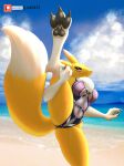  absurd_res anthro bandai_namco big_breasts bikini breasts canid canine claws clothed clothing digimon digimon_(species) female fur hi_res link6432 mammal one-piece_swimsuit renamon solo swimwear white_body white_fur yellow_body yellow_fur 