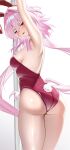  absurdres animal_ear_hairband animal_ears armpits arms_up ass bow bowtie breasts brown_pantyhose detached_collar evernight_(honkai:_star_rail) fake_animal_ears hairband highres honkai:_star_rail honkai_(series) leotard long_hair looking_at_viewer looking_back march_7th_(honkai:_star_rail) medium_breasts moryana pantyhose pink_hair playboy_bunny rabbit_ears rabbit_tail red_eyes red_leotard simple_background strapless strapless_leotard tail white_background 