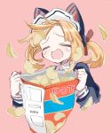  1girl =_= accident animal_ear_headphones animal_ears az79709363 bag_of_chips blonde_hair blue_archive cat_ear_headphones cat_ears chips_(food) closed_eyes fake_animal_ears food headphones light_blush long_sleeves maid momoi_(blue_archive) momoi_(maid)_(blue_archive) open_mouth pink_background potato_chips raised_inner_eyebrows short_twintails simple_background solo teardrop twintails 