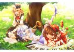  3girls :o :q ;d ascot black_hat blonde_hair bonnet brown_hair commentary dappled_sunlight grass grey_hair grin hacko hat highres holding holding_instrument holding_pencil instrument keyboard_(instrument) leg_up letterboxed looking_ahead looking_at_viewer lunasa_prismriver lying lyrica_prismriver merlin_prismriver mini_hat multiple_girls on_back on_ground on_stomach one_eye_closed outdoors pencil red_ascot red_bonnet sheet_music siblings sisters sitting smile sunlight tongue tongue_out touhou trumpet violin white_hat 