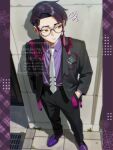  1boy black_jacket black_pants closed_mouth collared_shirt commentary_request corbeau_(pokemon) eyewear_strap full_body glasses hands_in_pockets highres jacket male_focus necktie nnntuume orange_eyes pants pillarboxed pokemon pokemon_legends:_z-a purple_hair purple_shirt purple_shoes round_eyewear shirt shoes short_hair sideways_glance signature watermark white_necktie 