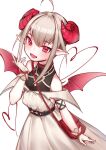  1girl ahoge bag bare_shoulders belt belt_collar blush bracelet broken_heart_print collar colored_tips cowboy_shot curled_horns demon_girl demon_horns demon_wings dress dyed_ahoge fang from_above gloves grey_hair hair_between_eyes handbag heart heart_background highres horns jewelry long_dress looking_at_viewer makaino_ririmu makaino_ririmu_(1st_costume) multicolored_hair nijisanji off-shoulder_dress off_shoulder open_mouth pointy_ears red_bag red_collar red_eyes red_horns red_streaks red_wings shirt_under_dress short_hair shoulder_bag sidelocks simple_background skin_fang smile solo standing streaked_hair sunege_(hp0715) undershirt virtual_youtuber white_background white_dress white_gloves wings 