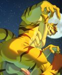  1boy abs absurdres animal_ears ass bara chinese_commentary claws commentary_request erection fangs fengcanyuezui full_moon furry furry_male highres looking_at_viewer male_focus moon morenatsu muscular muscular_male night night_sky open_mouth pectorals penis sky smile star_(sky) tail testicles tiger_boy tiger_ears tiger_stripes tiger_tail torahiko_oshima 