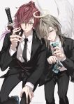 2boys alternate_costume angel_wings black_jacket black_necktie black_pants brown_hair cigarette closed_mouth food from_above hair_between_eyes halo hand_on_own_knee head_on_another&#039;s_shoulder highres holding holding_cigarette holding_food holding_popsicle hoshi_129 invisible_chair jacket kanae_(nijisanji) katana lauren_iroas long_hair long_sleeves mole mole_under_eye multiple_boys necktie nijisanji open_mouth pants popsicle red_hair simple_background sitting smoking suit sword virtual_youtuber weapon white_background white_wings wings 
