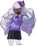  1girl aged_down alternate_costume collared_shirt cropped_legs dark-skinned_female dark_skin eternalgrayores fascinator gem gloves hand_in_own_hair hands_up highres jacinthe_(pokemon) jewelry kyou_(iuciferic) long_hair long_sleeves looking_at_viewer low_drills neck_ribbon open_mouth pantyhose plaid_clothes plaid_skirt pokemon pokemon_legends:_z-a purple_eyes purple_hair purple_ribbon purple_skirt purple_sweater_vest ribbon shirt skirt smile solo sweater_vest teeth upper_teeth_only very_dark_skin white_gloves white_pantyhose white_shirt 