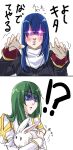  !? 2girls alternate_color animal black_dress blue_eyes blue_hair blush commentary_request cross cross_necklace dress garter_straps glowing glowing_eyes green_hair high_priest_(ragnarok_online) highres holding holding_animal holding_rabbit jewelry long_hair lunatic_(ragnarok_online) multiple_girls necklace priest_(ragnarok_online) purple_eyes rabbit ragnarok_online simple_background toriria translation_request upper_body white_background 