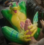 3d_(artwork) absurd_res anthro big_penis bodily_fluids cum cum_on_feet cum_on_penis digital_media_(artwork) duo feet foot_fetish foot_play footjob gecko genital_fluids genitals gex_(series) gex_the_gecko glans green_body green_scales half-closed_eyes hands_behind_head hi_res humanoid_genitalia humanoid_penis jaeger3d lizard male male/male narrowed_eyes penis reptile scales scalie sex television_remote tongue tongue_out