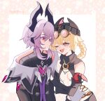  1boy 1girl absurdres animal_ear_headwear arm_hug arm_scarf arms_at_sides artist_name bandeau beanie black_bandeau black_hat black_horns black_scarf black_sleeves blonde_hair braid braided_hair_rings breasts bright_pupils by_nearreya chest_jewel collar colored_eyelashes cross-shaped_pupils crystal detached_sleeves dragon_boy dragon_horns eyewear_on_head fang floral_border gem genshin_impact hair_between_eyes hair_rings hat heart-shaped_gem hetero highleg highleg_leotard highres horns jahoda_(genshin_impact) leotard looking_at_another mandarin_collar mini_durin_(genshin_impact) mini_durin_(human)_(genshin_impact) one_eye_closed open_mouth parted_lips pink-tinted_eyewear pink_hair red_eyes red_gemstone red_scarf round_eyewear scarf short_hair sideways_mouth skin_fang small_breasts star-shaped_pupils star_(symbol) symbol-shaped_pupils tinted_eyewear white_background white_collar white_leotard white_pupils yellow-framed_eyewear yellow_eyes 