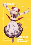  1girl ahoge ankle_lace-up arm_strap arms_up bare_shoulders belt belt_collar blush bracelet broken_heart_print character_name closed_eyes collar colored_tips confetti cross cross_print curled_horns dated demon_girl demon_horns demon_wings dress dyed_ahoge fangs frilled_dress frills from_above full_body gloves grey_hair hair_between_eyes happy_birthday heart heart_print highres horns jewelry long_dress makaino_ririmu makaino_ririmu_(1st_costume) multicolored_hair nijisanji no_socks off-shoulder_dress off_shoulder open_hands open_mouth outline outstretched_arms pointy_ears red_collar red_eyes red_horns red_shoes red_streaks red_wings shirt_under_dress shoes short_hair sidelocks smile solo spread_arms standing standing_on_one_leg streaked_hair text_background undershirt virtual_youtuber white_dress white_gloves white_shoes wings yama_ym0000 yellow_background yellow_outline 