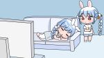  2girls :o animal_ears apron blue_hair blue_shorts blush_stickers bow braid brown_shirt carrot_hair_ornament chibi closed_eyes closed_mouth couch cup drinking_glass ears_down flat_screen_tv food-themed_hair_ornament grey_apron hair_bow hair_ornament highres holding holding_cup hololive indoors long_hair lying mochimiko mother_and_daughter multicolored_hair multiple_girls on_couch on_side pants parted_lips pekomama rabbit_ears shirt short_eyebrows short_sleeves shorts sleeping small_sweatdrop socks standing sweat television thick_eyebrows twin_braids twintails two-tone_hair usada_pekora very_long_hair virtual_youtuber water white_bow white_hair white_pants white_shirt white_socks 