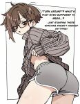  1girl asami-chan ass bags_under_eyes black-framed_eyewear body_freckles brown_eyes brown_hair brown_sweater clothes_lift cowboy_shot cross cross_necklace dolphin_shorts earrings english_text freckles glasses grey_shorts hair_ornament hairclip highres hozuki_asami_(asami-chan) jewelry lifting_own_clothes looking_at_viewer looking_back necklace original ribbed_sweater short_hair short_shorts shorts solo sweater sweater_lift thighs turtleneck turtleneck_sweater white_background 