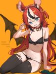  1girl 2025 absurdres alternate_breast_size_(smaller) animal_ear_fluff animal_ears bare_shoulders bat_panties bat_wings bell black_bra black_nails black_panties black_streaks black_thighhighs blue_eyes bow bra choker claw_pose collarbone commentary dice dice_hair_ornament dot_nose double-parted_bangs english_commentary fake_horns fangs fingernails food-themed_hair_ornament frilled_bra frills full_body green_bow hair_between_eyes hair_ornament hakos_baelz halloween halloween_costume hand_on_ground happy_halloween head_tilt headband highres hololive hololive_english horns jingle_bell looking_at_viewer midriff mouse_ears mouse_tail mousetrap multicolored_hair nail_polish navel neck_bell open_mouth orange_background panties pumpkin pumpkin_hair_ornament red_hair red_tail robin_chen0419 simple_background sitting skin_fangs smile solo stomach tail tail_bow tail_ornament thighhighs thighs torn_clothes torn_thighhighs underwear underwear_only virtual_youtuber wings yokozuwari 