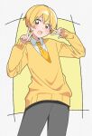  1boy blonde_hair cowboy_shot double_w grey_pants hair_between_eyes hands_up highres kai_(shell) long_sleeves looking_at_viewer male_focus necktie open_mouth pants root_(stpri) shirt short_hair sleeves_past_wrists smile solo strawberry_prince w yellow_necktie yellow_shirt 