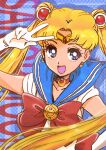  1girl absurdres arm_behind_back bishoujo_senshi_sailor_moon blue_sailor_collar bow character_name choker circlet commentary_request crescent crescent_hair_ornament double_bun elbow_gloves gloves hair_bun hair_ornament highres kudou_masashi long_hair open_mouth red_bow red_choker sailor_collar signature smile solo twintails upper_body very_long_hair white_gloves 