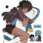  2boys aged_down arknights black_shorts blue_hair brown_hair brown_jacket character_request chibi chinese_text closed_mouth dark-skinned_male dark_skin earrings height_difference highres hood hood_down hugging_doll hugging_object ikea_shark jacket jewelry looking_at_viewer male_focus multiple_boys one_eye_closed rabbit_boy rabbit_tail redbayberrywine short_hair shorts simple_background socks solo_focus speech_bubble stuffed_animal stuffed_shark stuffed_toy tail thighs thorns thorns_(arknights) white_background white_socks 