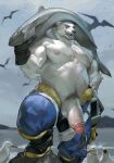 absurd_res ambient_bird balls bear boots bottomwear clothing eyebrows fangs fish footwear fur genitals glans hi_res humanoid_genitalia humanoid_penis looking_at_viewer male mammal marine nipples pants penis shoes solo teeth wball white_body white_fur