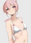  1girl bangs bare_shoulders bikini blush bow collarbone grey_background hair_bun looking_at_viewer original parted_lips pink_eyes pink_hair red_bow short_hair simple_background single_hair_bun skeptycally solo swimsuit twitter_username upper_body white_bikini 