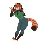 3_toes ailurid anthro barefoot blep bottomwear brown_body brown_fur brown_hair clothing denim denim_bottomwear denim_clothing digital_drawing_(artwork) digital_media_(artwork) facial_markings feet female full-length_portrait fur gesture hair hand_behind_back hand_gesture head_markings highlights_(coloring) jeans looking_up mammal markings multicolored_body multicolored_fur one_eye_closed orange_body orange_eyes orange_fur pants pink_highlights portrait red_panda ruffu shoulderless_shirt simple_background small_ears solo striped_markings striped_tail stripes tail tail_markings toes tongue tongue_out unnamed_character v_sign white_body white_fur wink