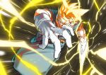 1boy a_(mitei7926) arm_blade aura blonde_hair blue_pants blue_shirt dougi dragon_ball dragon_ball_z earrings electricity energy_sword gloves jewelry male_focus motion_blur motion_lines muscular muscular_male orange_sash orange_shirt pants potara_earrings shirt simple_background smirk solo speed_lines spiked_hair super_saiyan super_saiyan_1 sword vegetto weapon white_gloves 