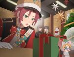  4boys akehoshi_subaru animal_costume bbahot black_hair blonde_hair blue-framed_eyewear bow christmas_tree commentary ensemble_stars! gift green_eyes hair_between_eyes hidaka_hokuto indoors isara_mao korean_commentary leaning_forward multiple_boys open_mouth orange_hair red_bow red_hair sash short_hair stuffed_animal stuffed_toy teddy_bear trickstar_(ensemble_stars!) yuuki_makoto_(ensemble_stars!) 