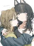  2girls absurdres animal_ears bare_shoulders black_hair blue_jacket blunt_bangs blush brown_eyes brown_hair closed_mouth green_shirt grey_eyes highres hug jacket jewelry long_hair long_sleeves looking_at_viewer multiple_girls necklace off_shoulder open_clothes open_jacket original pan-chan_(takaya_riku) parted_lips shirt simple_background takaya_riku translation_request upper_body white_background wolf_ears wolf_girl 