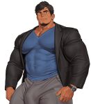  1boy bara biceps black_jacket blue_shirt broad_shoulders brown_eyes brown_hair bulge chest_hair covered_abs covered_nipples facial_hair goatee grey_pants hand_hair highres huge_pectorals jacket kuromine_hiraya large_bulge light_smile looking_at_viewer male_focus muscular muscular_male mustache_stubble open_clothes open_jacket original pants parted_bangs pectoral_cleavage pectorals shirt side_part simple_background solo stubble suit_jacket thick_arms thick_eyebrows thick_thighs thighs tight_clothes tight_pants tight_shirt v-neck watch white_background wristwatch 