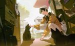  1boy animal beanie black_cat building cat day hair_between_eyes hat highres jacket long_sleeves looking_at_animal male_focus outdoors pants parted_lips sky socks squatting white_pants xiaojiaju 