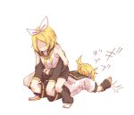  1boy 1girl bangs black_sailor_collar black_shorts black_sleeves blonde_hair bow commentary detached_sleeves faceless faceless_female frown fumiharu hair_bow headphones kagamine_len kagamine_rin leg_warmers lying neckerchief no_eyes on_stomach own_hands_together posture_request restrained sailor_collar school_uniform shaded_face shirt short_hair short_ponytail short_shorts short_sleeves shorts sleeveless sleeveless_shirt squatting swept_bangs translated vocaloid white_bow white_shirt yellow_neckerchief 