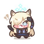  ! !! 1girl animal_ear_fluff animal_ears arm_up armband blonde_hair blue_archive blue_armband blue_eyes blue_halo blue_necktie blue_shirt blue_skirt blush_stickers bugi_33 chibi closed_mouth collared_shirt commentary_request dog_ears dog_girl fang full_body hair_over_one_eye halo hand_up hashtag-only_commentary kanna_(blue_archive) long_hair long_sleeves looking_at_viewer necktie police police_uniform policewoman shadow shirt simple_background skirt solo standing white_background 