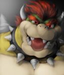 anthro bowser collar drgizmo hair hi_res horn koopa male mario_bros nintendo portrait red_eyes red_hair reptile scalie sharp_teeth solo spiked_collar spikes tan_body teeth tongue turtle yellow_body