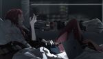  1boy alternate_costume black_shirt can cigarette city_lights computer drink_can from_side hair_between_eyes hashtag-only_commentary highres holding holding_cigarette hoshi_129 indoors laptop lauren_iroas long_hair lying male_focus monster_energy nijisanji on_back on_bed pants parted_lips red_hair red_pants shirt smoke soda_can solo virtual_youtuber window 