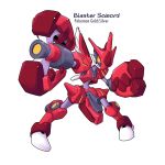  2000s_(style) arm_cannon armor character_name copyright_name full_body highres humanoid_robot insect_wings karakatodzo looking_at_viewer mechanization mega_man_(series) mega_man_zero_(series) nakayama_tooru_(style) outstretched_hand parody pincers pokemon red_armor robot scizor standing style_parody weapon wings yellow_eyes 