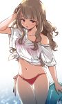  :o bangs bikini bikini_under_clothes blunt_bangs blush bra_visible_through_clothes brown_hair collarbone groin highres idolmaster idolmaster_cinderella_girls innertube kamiya_nao looking_at_viewer navel red_bikini red_eyes satomura_kyou shirt side-tie_bikini single_bare_shoulder swimsuit thick_eyebrows thigh_gap tied_shirt water_drop wet wet_clothes wet_shirt white_shirt 