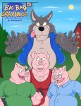 absurd_res anthro beard big_bad_wolf blue_clothing blue_collar blue_topwear blue_vest body_hair brother_(lore) brothers_(lore) canid canine canis chest_hair clothed clothed_anthro clothed_male clothing collar collared_shirt cover cover_art cover_page domestic_pig dress_shirt english_text eyewear facial_hair fairy_tales fangs fully_clothed fully_clothed_anthro fully_clothed_male fur glasses green_clothing green_shirt green_topwear grey_body grey_fur group hairy hairy_face hi_res huttsergreywolf long_snout male mammal overweight overweight_anthro overweight_male pink_body red_clothing red_shirt red_tank_top red_topwear shirt sibling_(lore) snout suid suine sus_(pig) tank_top teeth text the_three_little_pigs tongue tongue_out topwear vest wolf