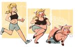2025 accessory athletic_wear barefoot biped biped_to_quadruped blonde_hair bodily_fluids bottomwear bottomwear_down breath clothed clothing colored curled_tail digital_drawing_(artwork) digital_media_(artwork) dizzy domestic_pig feet female feral fingers footwear gym_bottomwear gym_shorts hair headband hi_res hooved_fingers hooved_toes hooves human human_to_feral ignorethisthanks jogging loss_of_dexterity mammal oversized_clothing pants pants_down partially_clothed ponytail quadruped running sequence shaded shoes shorts simple_background sneakers snout socks solo species_transformation stylized_background suid suine sus_(pig) sweat sweatdrop tagme tail three_frame_image torn_clothing transformation transformation_sequence wardrobe_malfunction weight_gain white_background winded yellow_background