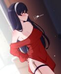  1girl adjusting_clothes artist_name bare_shoulders black_hair blush breasts cleavage dagger earrings hair_down hairband highres jewelry knife lewdlux long_hair long_sleeves looking_to_the_side medium_breasts off_shoulder red_eyes red_sweater solo spy_x_family sweater thigh_strap thighs weapon yor_briar 