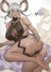 1girl :d animal_ears arknights ass bangs black_leotard boingoo breasts character_request cleavage cleavage_cutout clothing_cutout dark-skinned_female dark_skin feet_out_of_frame goat_ears goat_girl goat_horns grin highres horns large_breasts leotard looking_at_viewer lotion lotion_bottle lying on_side red_eyes short_hair smile soles solo teeth toes white_hair 