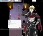  1boy armor assassin_cross_(ragnarok_online) black_cape black_pants black_shirt blonde_hair cape commentary_request cowboy_shot game_screenshot_background hair_between_eyes hand_on_own_neck looking_at_viewer male_focus open_mouth pants pauldrons ragnarok_online red_eyes red_scarf scarf screenshot_background shirt short_hair shoulder_armor smile solo toriria torn_clothes torn_scarf translation_request vambraces waist_cape 